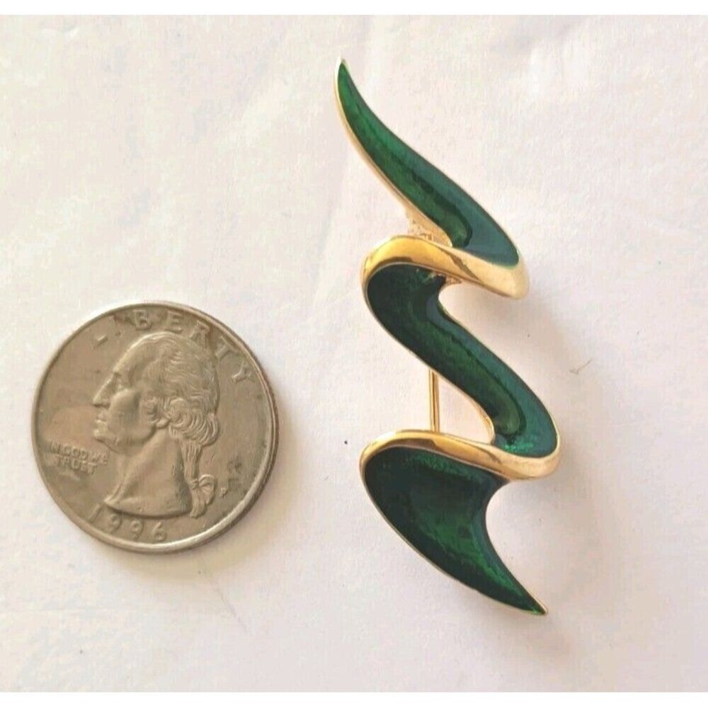 Vintage Abstract 80s Artistic Swirl Brooch Pin Forest Green Gold Tone - Picture 3 of 4